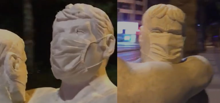 Güreşçi heykellere maske taktılar